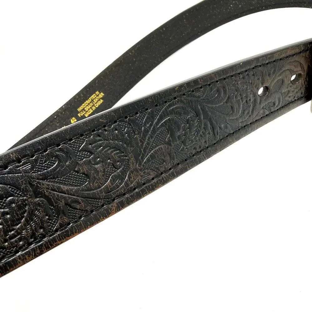 Ariat Floral Tooled Black Leather Western Belt 40 Distressed Cowboy Handcrafted
